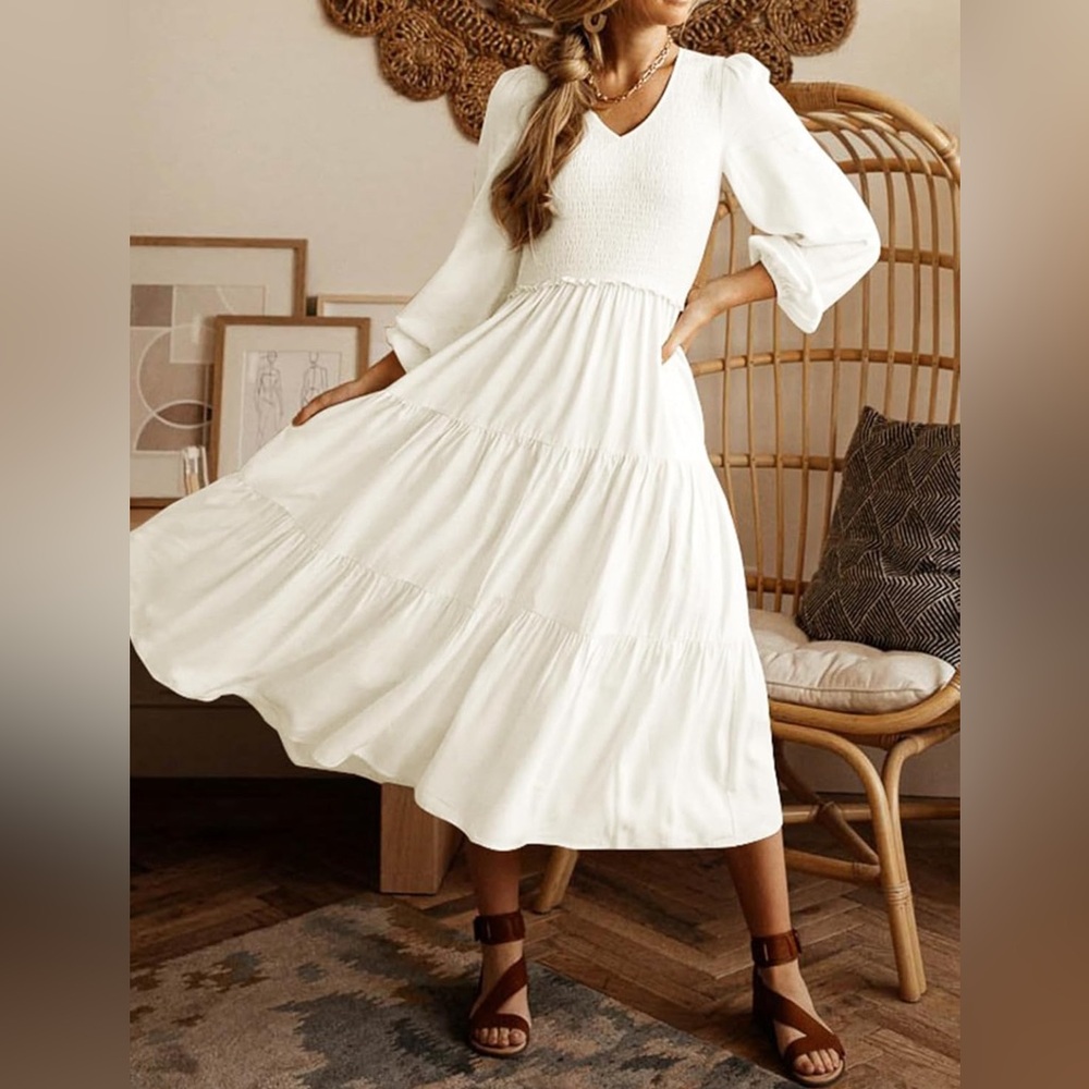 Theenkoln Boho Ruffle Sleeve V Neck Print Ruffle Tiered Maxi Dress